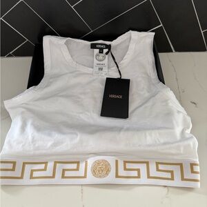 Versace White and Tan Fitted Crop Tank Top